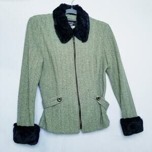 Farouche Women's Green Zip Front Sweater Jacket Fur Trim Neck & Sleeves Size 6